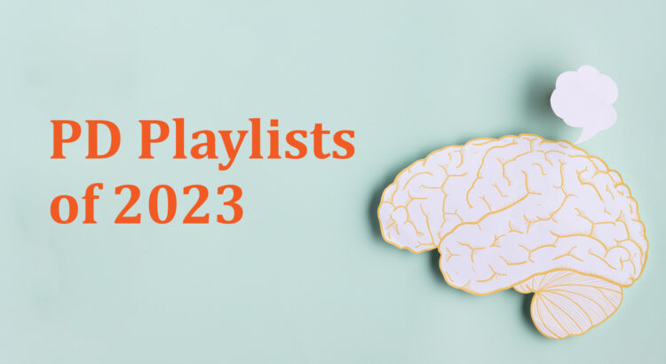 Flat lay paper cutout of a brain with a thought bubble above it. The text to the left reads "PD Playlists of 2023"